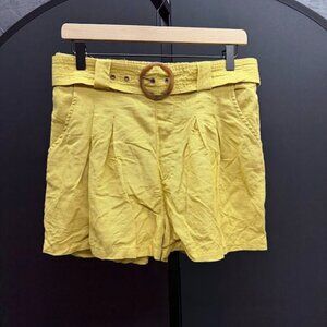American Eagle Belted Mustard Linen Blend Shorts